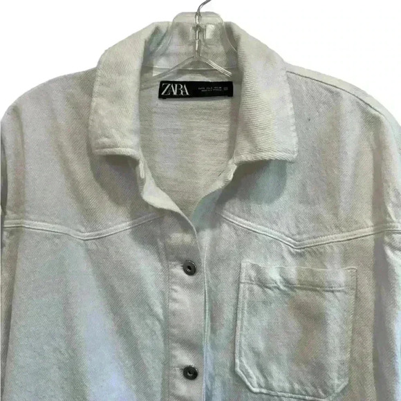 Zara Corduroy Shacket Jacket Cropped Oversized Cotton Cream Large Fringed Hem - Picture 2 of 10